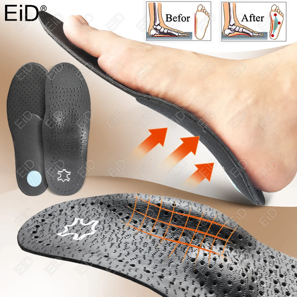EiD Unisex Leather Orthotic Flat Foot Shoe Insoles High Arch Support Orthopedic Pad for Correction OX Leg Health Foot Care Black