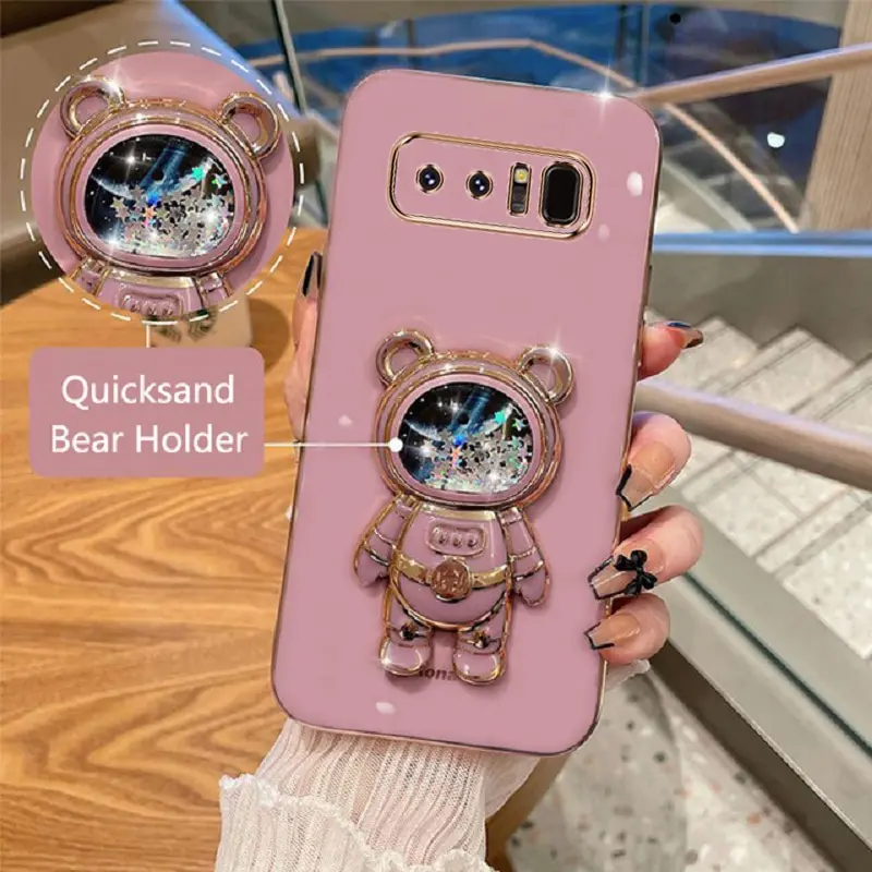 Phone Case For Samsung Galaxy Note 8 Soft Silicone Luxury Plating Cartoon Bear Fold Stand Phone Case Cover