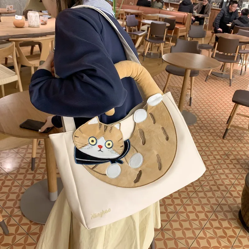 

MBTI Cute Cat Women Shoulder Bag Japanese Style Fashion Kawaii Pu Leather Casual Handbag Large Capacity Literary Female Tote Bag