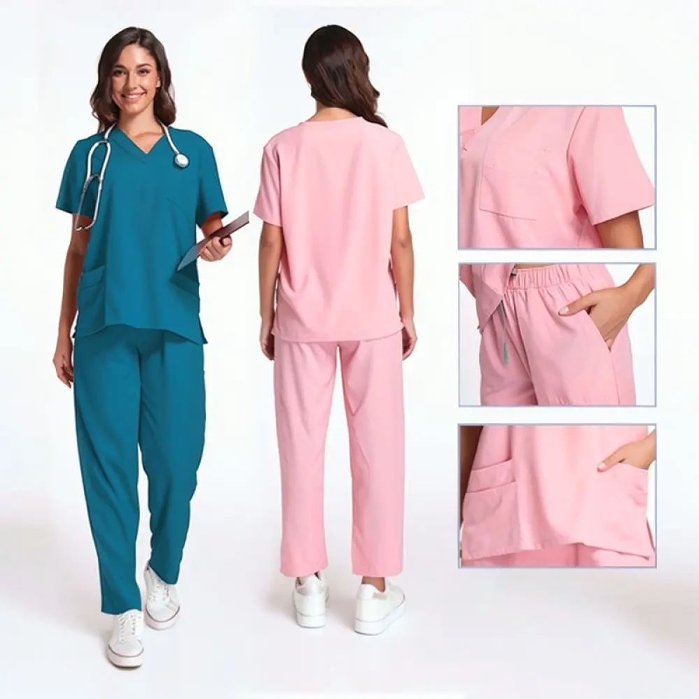 Professional Women Workwear Set V Neck Short Sleeve Scrub Uniform Breathable Medical Clothing For Nurse Vet Clinic