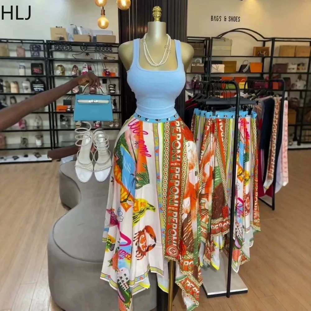 HLJ Boho Women Colorful Graphic Print Asymmetric Skirt High Waist Elastic Waist Flowy Irregular Hem Midi Skirt Summer Vacations
