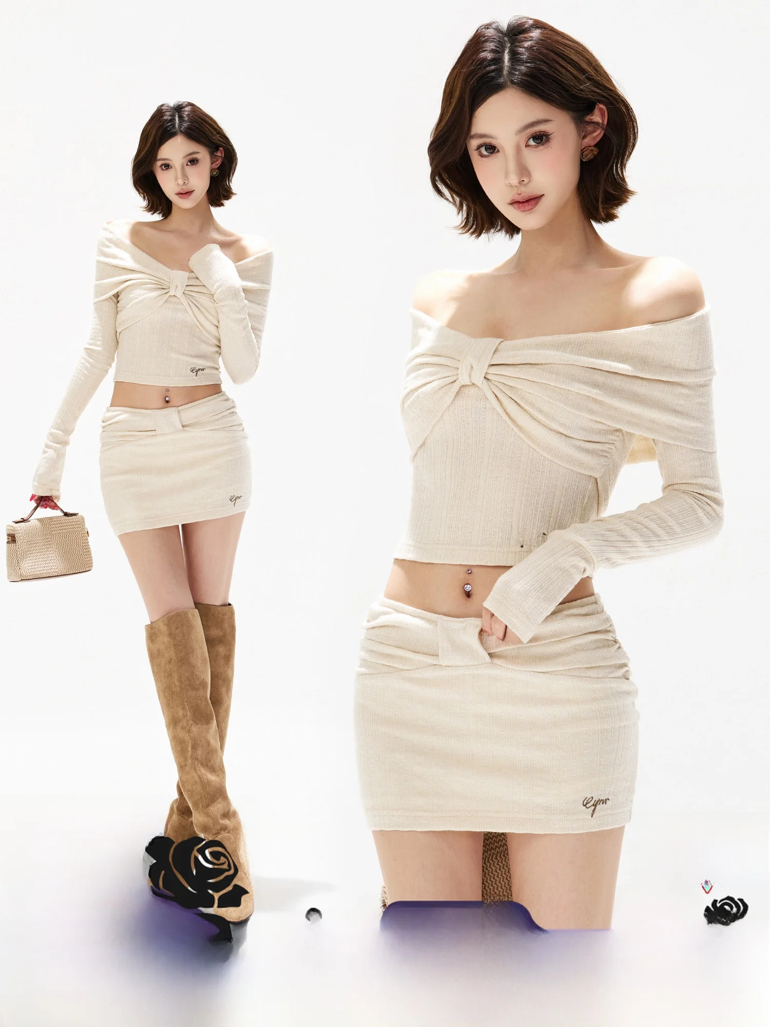 

CYNR Original Design Sexy Spicy Girl Knitted Set Knot One oulder Waist Exposure ort Top Women's Knitted ort Skirt