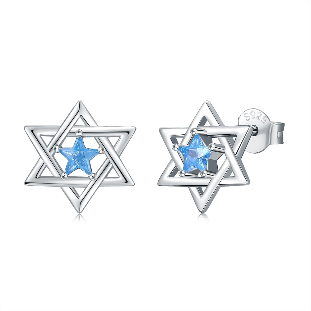 

925 Sterling Silver Star Of David Stud Earrings With Blue Star Zircon Birthday Christmas Jewelry Gifts for Women Girls Friends