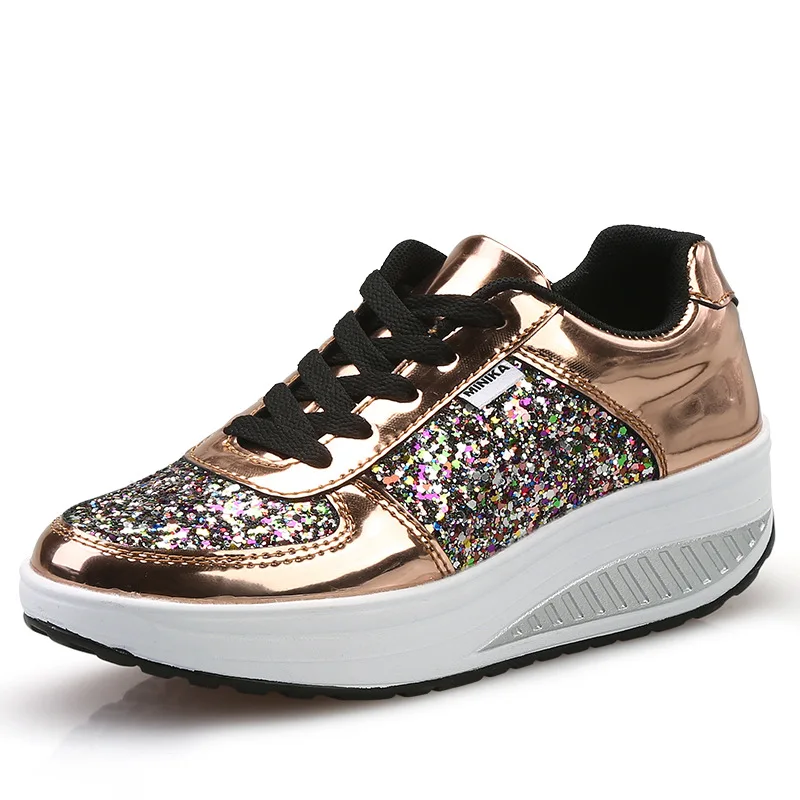 

New Fashion Sequin Casual Shoes for Women Breathble Lace-Up Sneakers Women Vulcanized Shoes Luxury Women Swing Platform Shoes