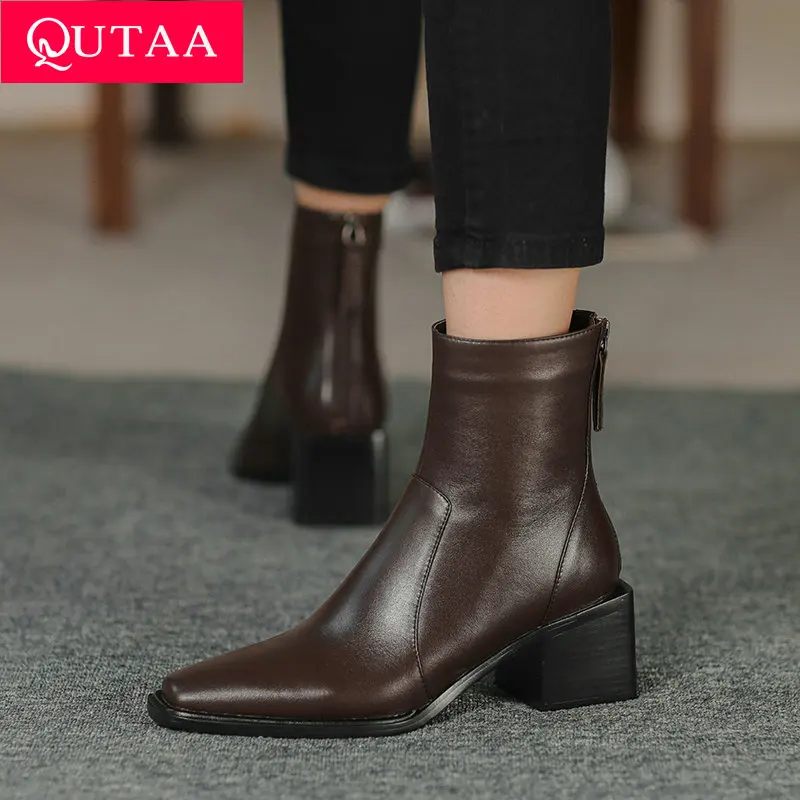 QUTAA 2025 News Women Ankle Boots Leather Autumn Square Toe Short Boots Winter Shoes High Heel Woman Office Lady Size 34-43