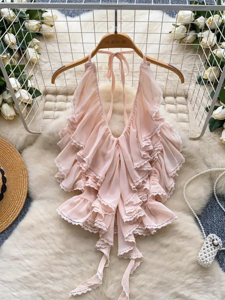 

Women Sexy Deep V-neck Backless Ruffle Edge Irregular Vest Tops Summer Trend Vacation Off Shoulder Halter Lace-up Top Streetwear