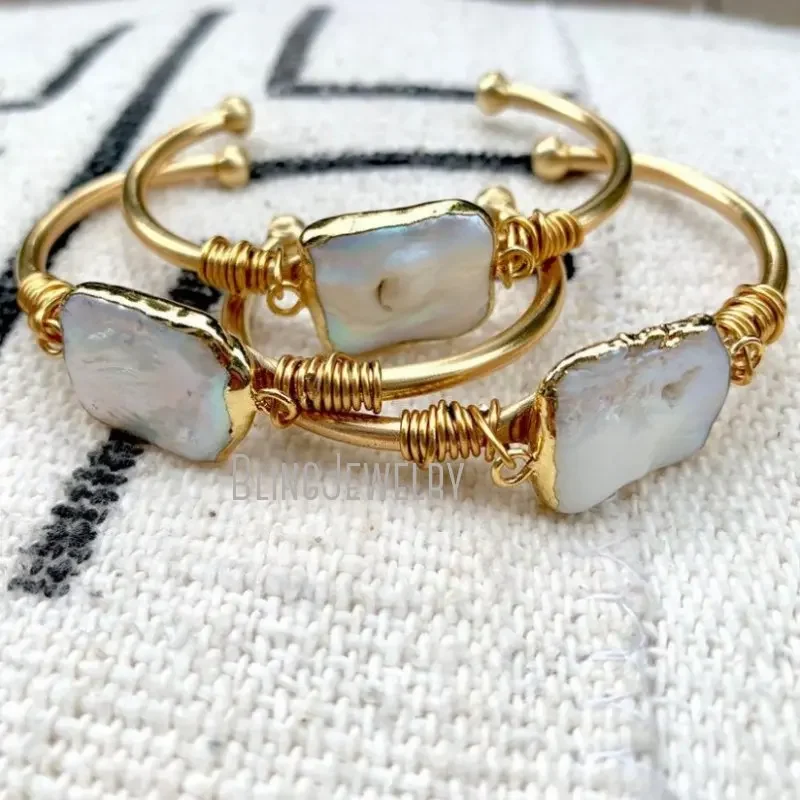 10pcs Women Cuff Bracelet Square K Gold Color White Freshwater Baroque Pearl Bangle Boho Bridesmaid Gift Wedding Jewelry