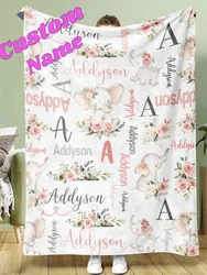 Cute Elephant Personalized Name Flannel Blanket For Kids Adults Customized Baby Blanket Letter Fleece Birthday Gift