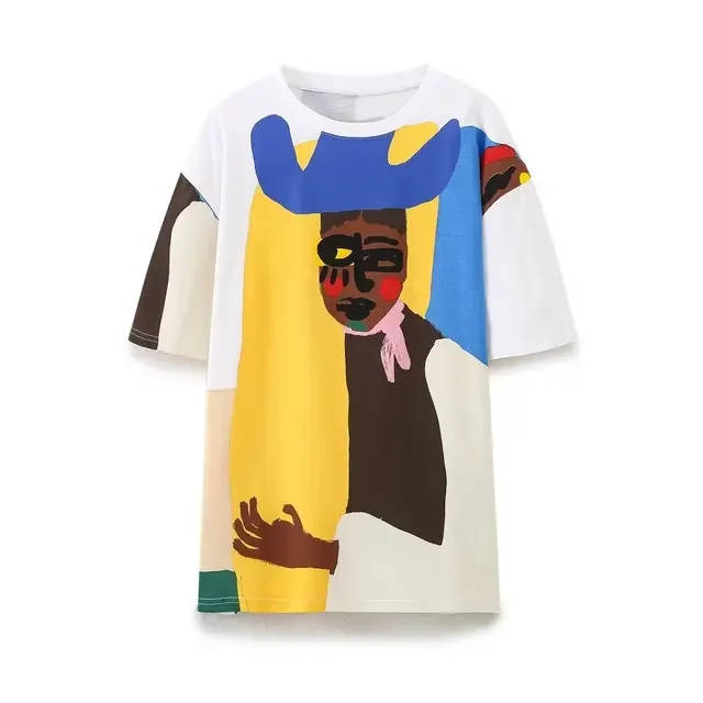 

New Women Summer New Loose White Knitted Cartoon Print T Shirts Female Crew Neck Slight Elastic Short Sleeve Blouse Mujer