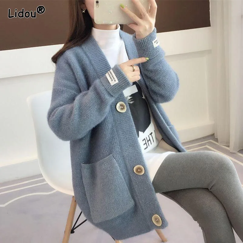 Femme Thick Lazy Style Three-dimensional Label Decorate Cardigan Keep Warm Knitting Sweaters Korean Button Straight Pocket Solid