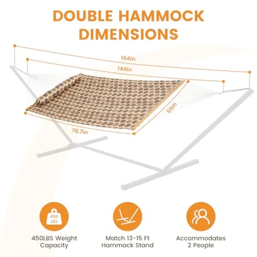 12FT Quilted Fabric Hammock with Soft Pillow Double 2 Person Tree Hammock with Spreader Bar for Outside Patio Poolside Backyard