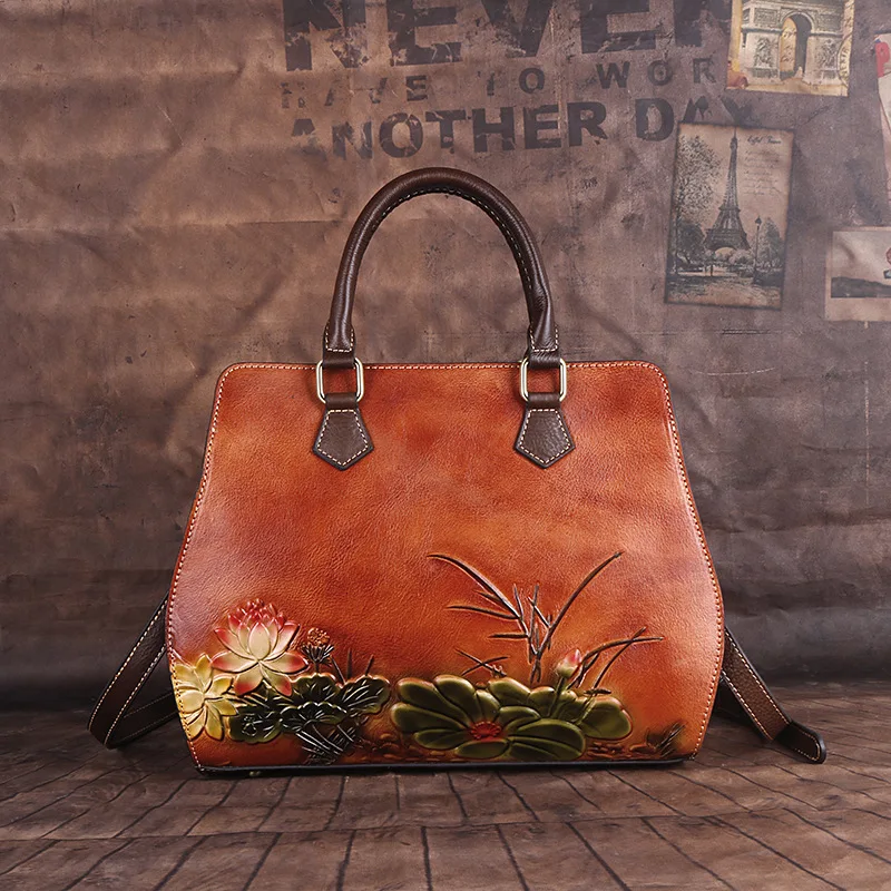 Women's New Fashion Genuine Leather Vintage Unique Embossing Lotus Flower Elegant Handbag ShoulderBag CrossbodyBag Office Daily