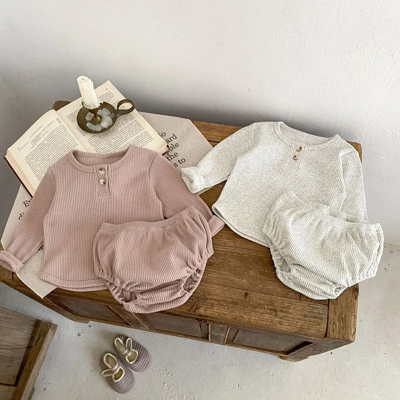 

INS Baby Clothing Set 0-3Years Newborn Boy Girl Solid Color Long Sleeve Ribbed Cotton T-Shirt+Bloomer Shorts 2PCS Spring Outfits