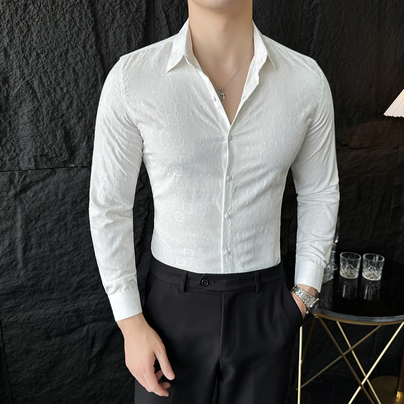 Camisas De Hombre Men Fashion Long Sleeve Jacquard Shirt High Quality Luxury Business Slimming Social Elegant Dress Casual Shirt