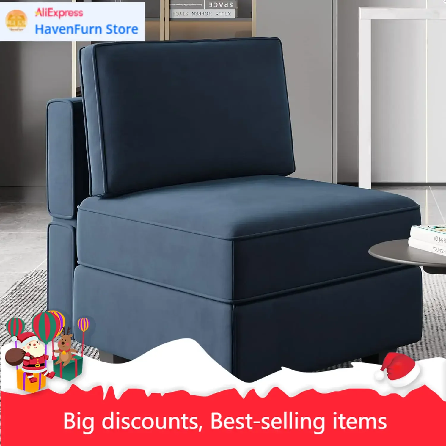 

Синий бархатный модульный диван с местом для хранения и отдельным креслом без подлокотников