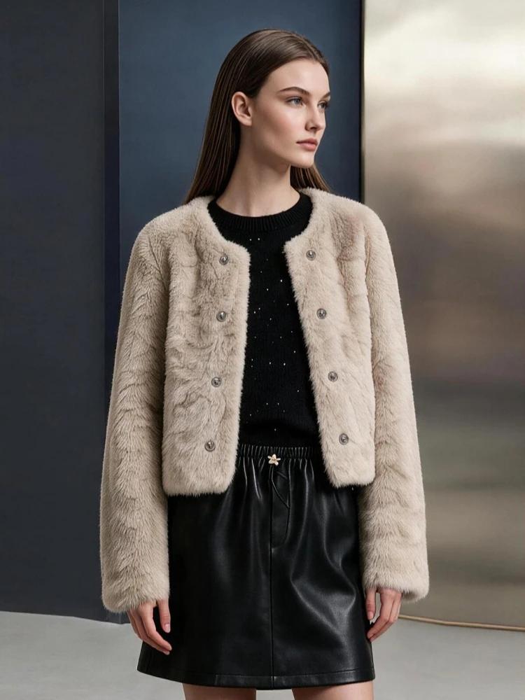 Amii Faux Fur Coat 2026 Winter New Round Neck Warm Vintage Metal Buttons Eco Friendly Faux Fur Women's Short Outerwear 12614016