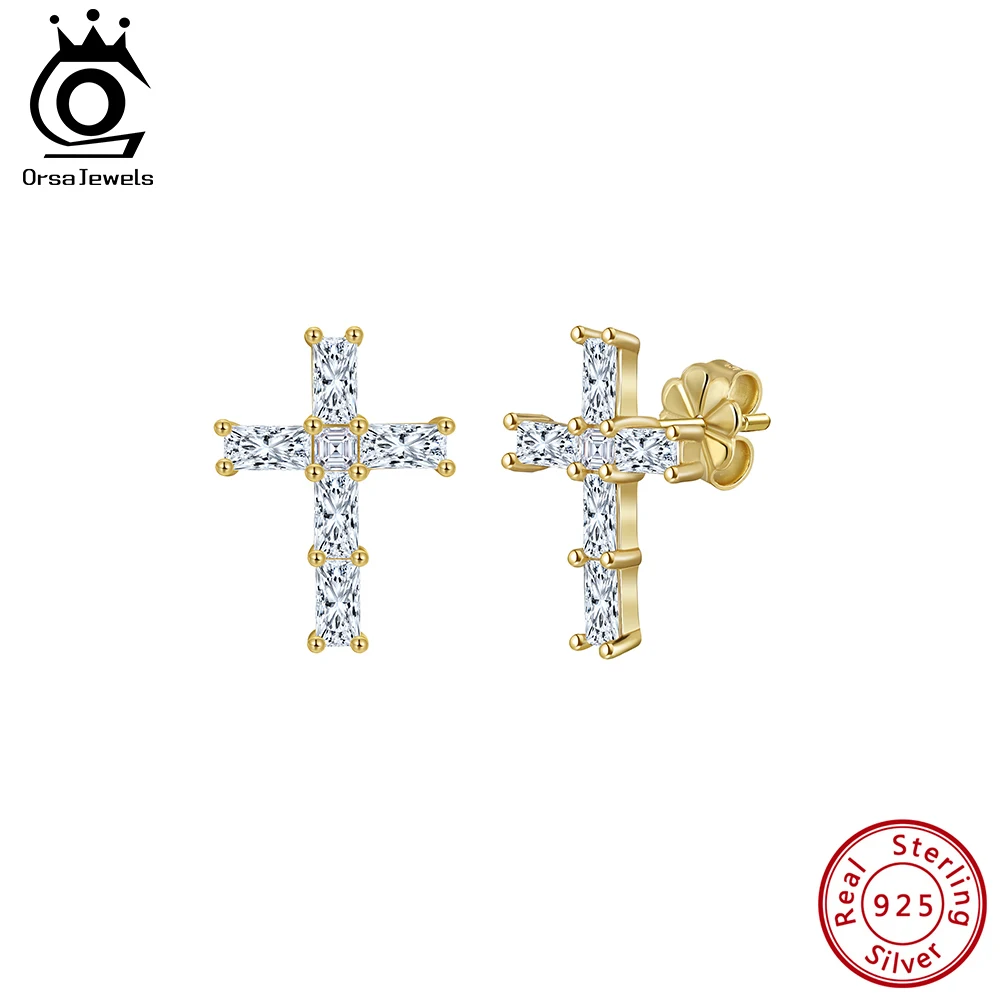 

ORSA JEWELS Wedding Moissanite Iced Out Cross Stud Earrings 925 Sterling Silver D Color Elegant Fashion Jewelry for Women MOE17