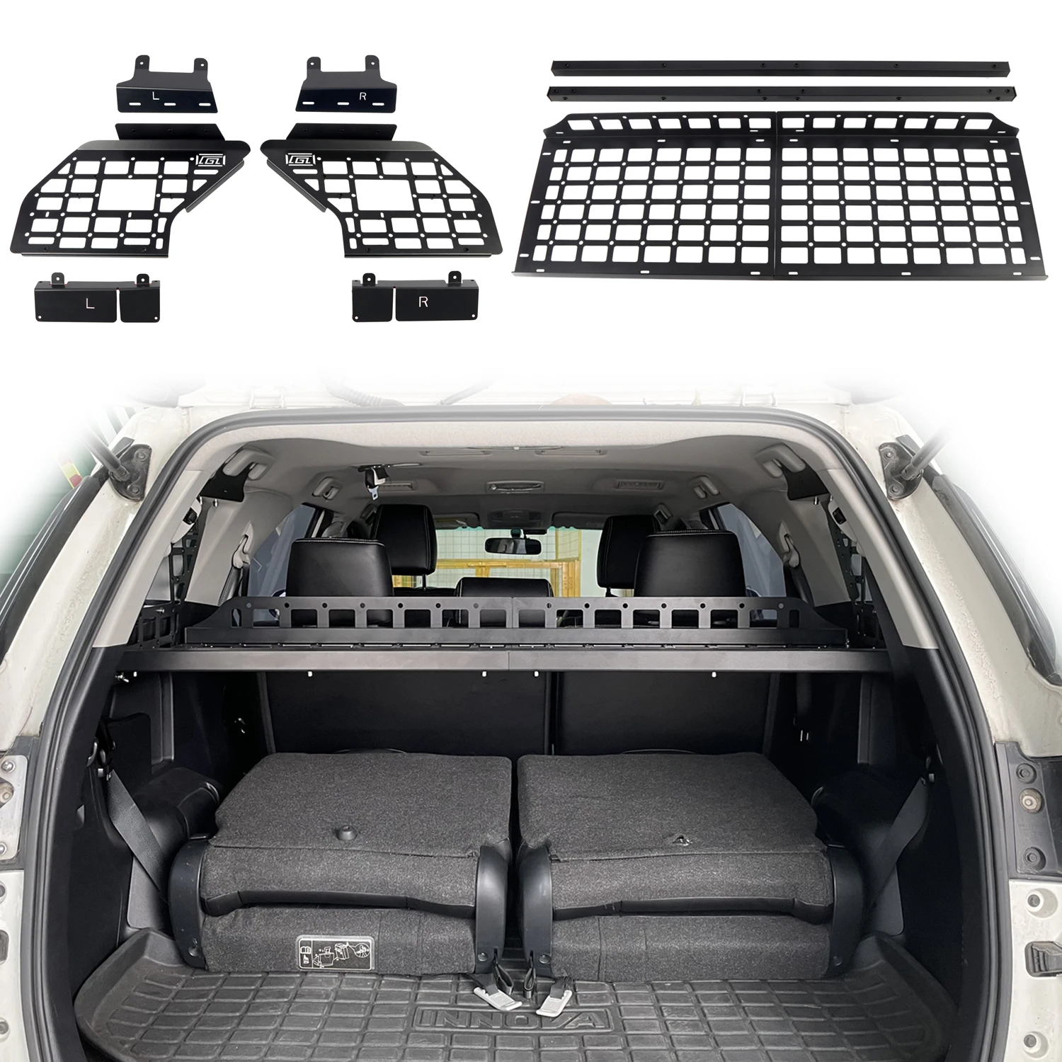 For Toyota Fortuner 2016-2023 Black Modular Storage Panel Shelf Modification Storage Panel Rear Trunk Debris Rack Molle Panel