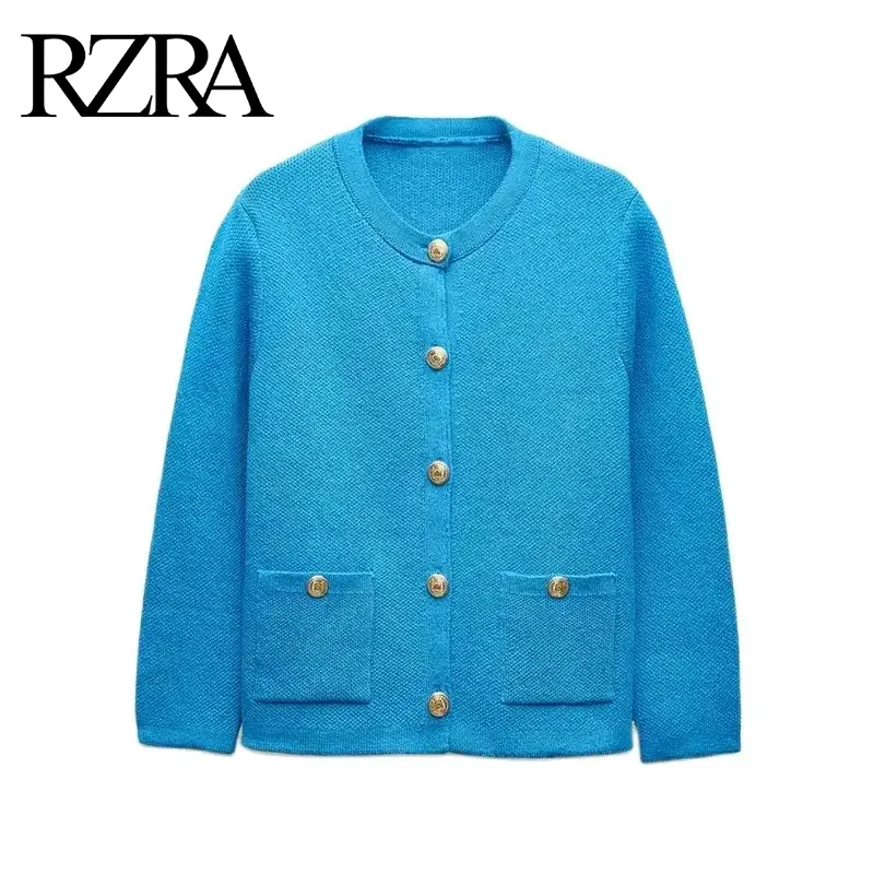 RZRA women\'s 2024 autumn and winter new solid color simple knitted round neck long-sleeved casual sweater jacket