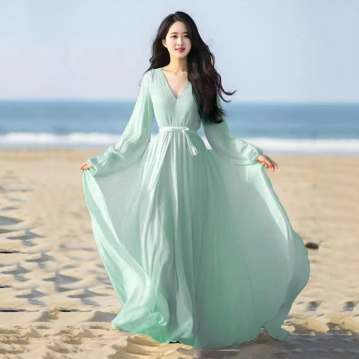 Vestido largo bohemio de gasa para playa para mujer, vestido informal holgado con cuello en V y cinturón de manga larga, Túnica para fiesta de noche y baile