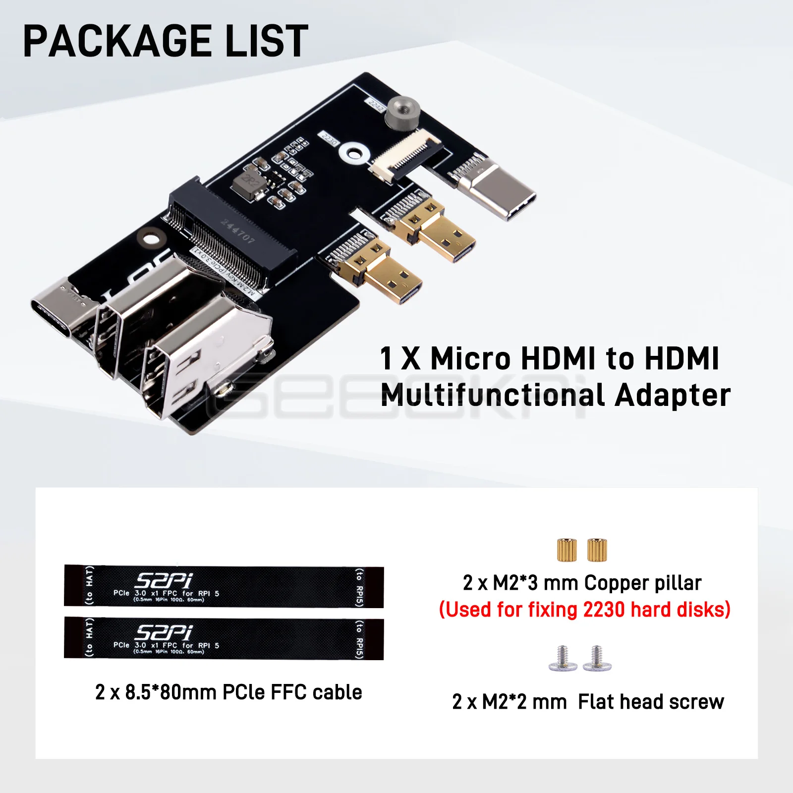 Raspberry Pi 5 Micro HDMI auf HDMI Multifunktionsadapter mit PCIe 3.0 x 1 M.2 NVMe 2230/2242 für RPI5