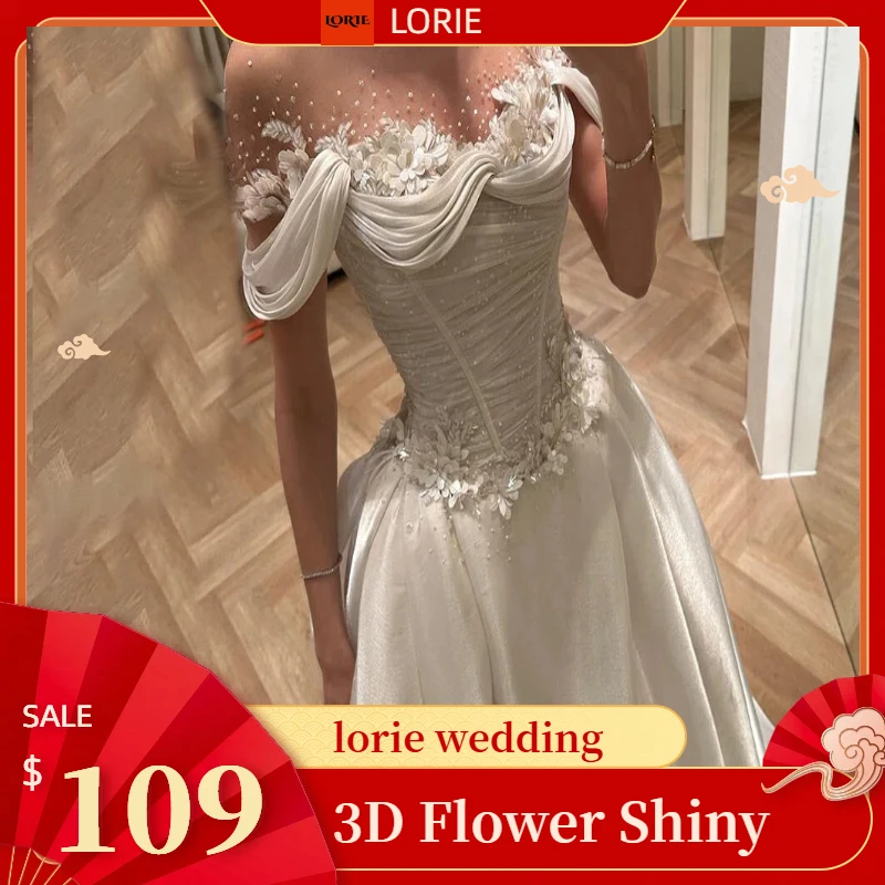 

LORIE 3D Flower Shiny Wedding Dresses Off Shoulder Appliques Lace Bridal Gowns Princess Pleats Beach Wedding Dress customized
