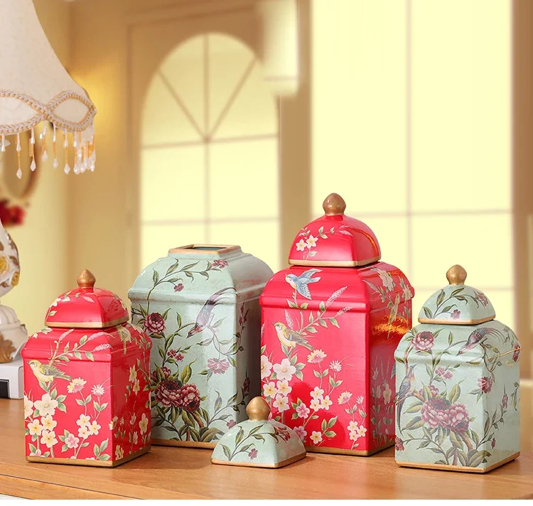 

American Country Home Ceramic Flower and Bird Square Pot Candied Dried Fruit Storage Tank Storage Rustic Home Decor Accessories