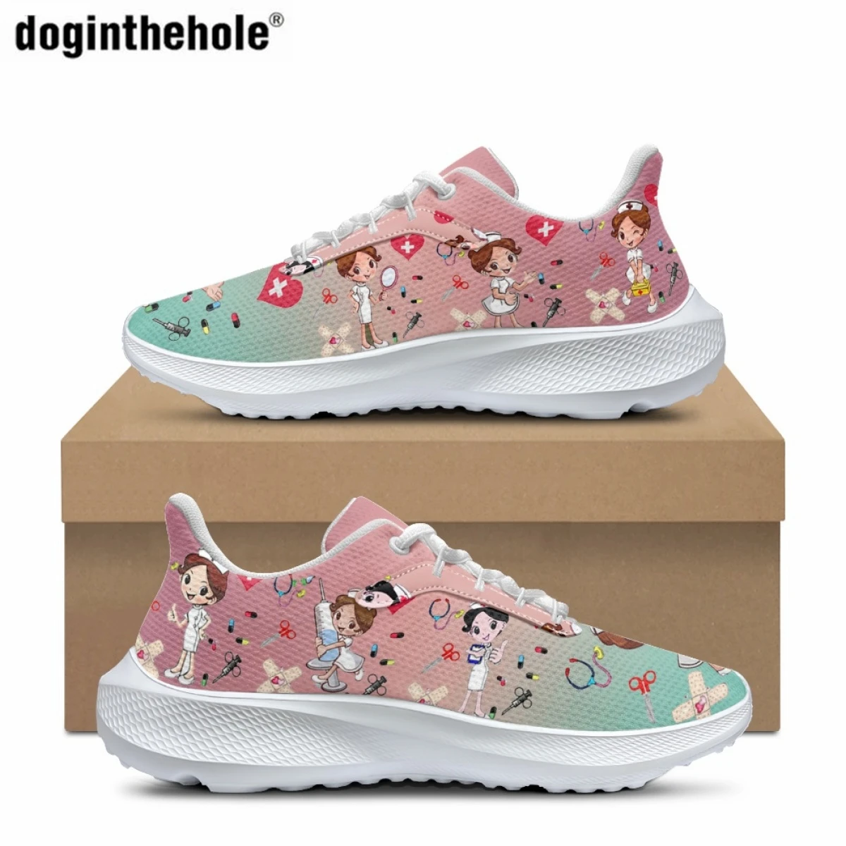 

Doginthehole Cartoon Nurse Pattern Sneakers for Women Comfort Wear-resistant Hospital Work Nursing Shoes Outdoor Running Shoes