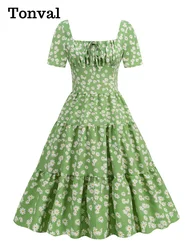 Tonval Square Neck Knot Front Ruched Bust Floral Summer Vacation Dresses Women Vintage High Waist Pleated Midi Dress
