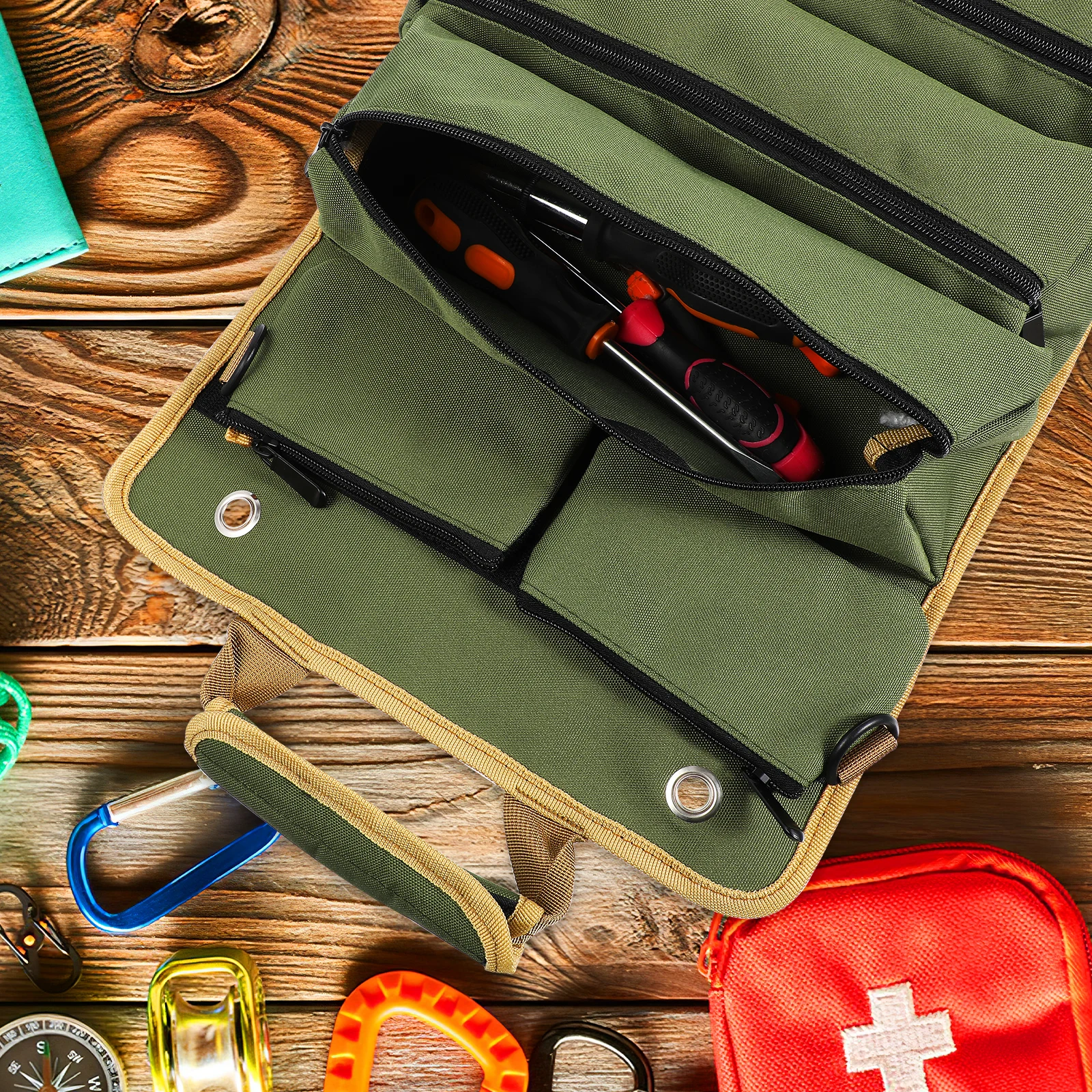 

Heavy Duty Bag Military Green Oxford Large Capacity Tool Roll Organizer Secure Closure Hardware Electricians Tool Pouch