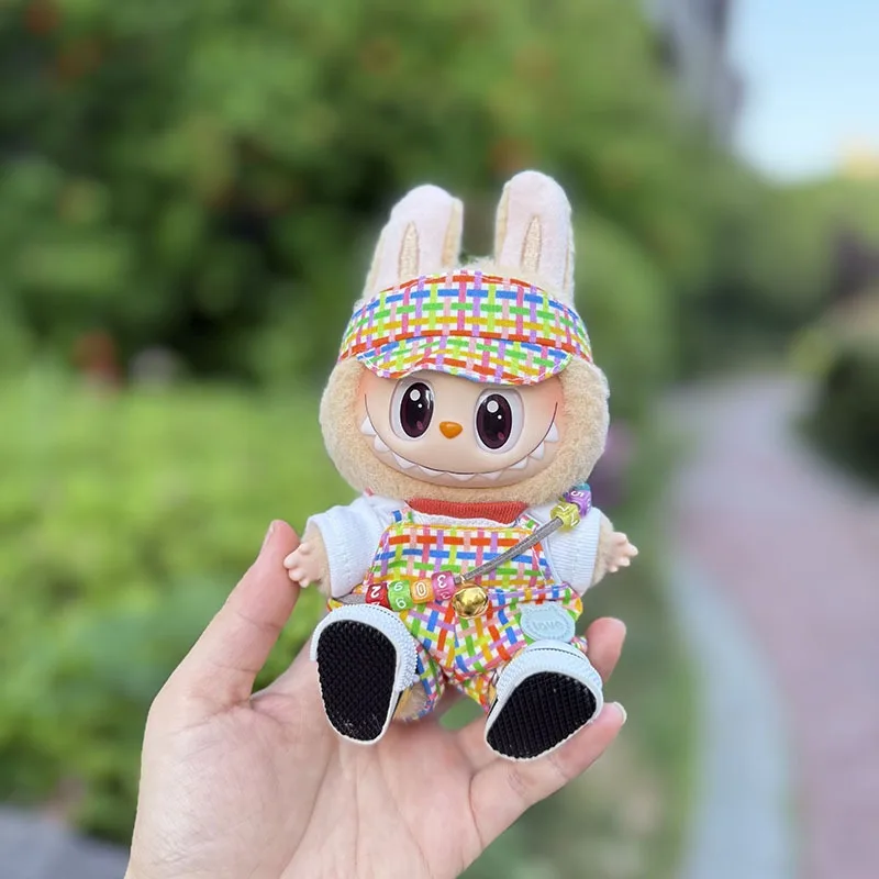 

Adatto per bambola labubu da 17 cm, tuta scozzese color animale, mini accessori pe carino, camicia bianca, cappello, collana