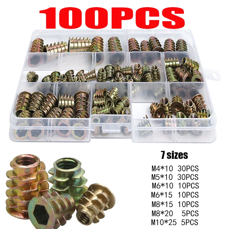 

100Pcs M4 M5 M6 M8 M10 Zinc Alloy Thread For Wood Insert Nut Flanged Hex Drive Head Furniture Nuts Rivet Nut