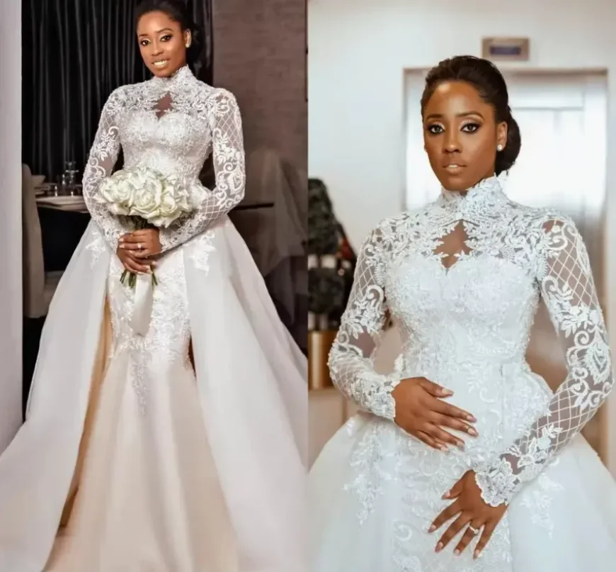 Vestidos de casamento árabes Aso Ebi com trem destacável, apliques de renda luxuosos, gola alta, vestidos de noiva sereia muçulmana, plus size, 2024