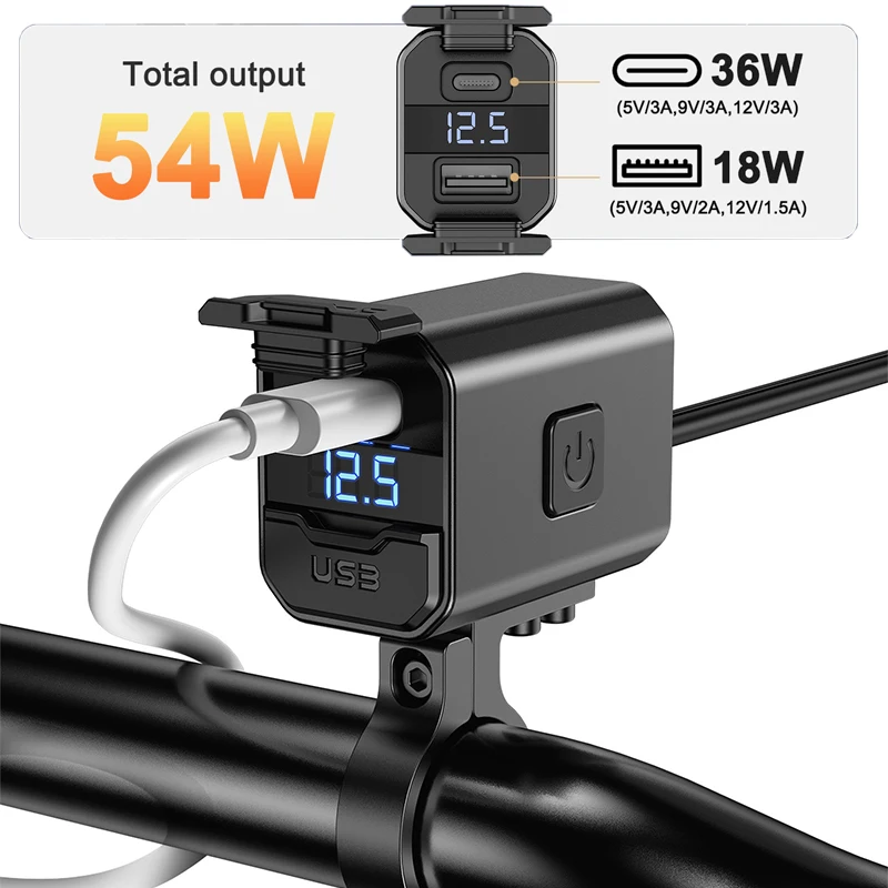 Aluminum 12V PD QC3.0 Motorcycle USB Fast Charger 54W Handlebar USB Socket with Switch Voltmeter Waterproof Power Supply Adapter view 6