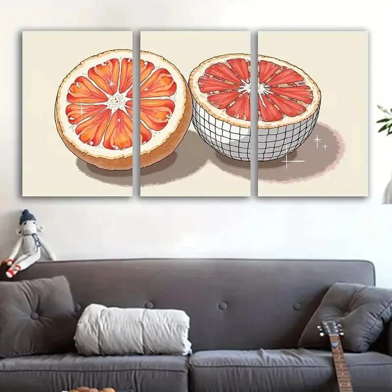 2D Flat, 3pcs Modern Abstract Grapefruit Slice Wall Art - Minimalist Citrus Fruit Paintings, Suitable for Office Decor, Wrapp
