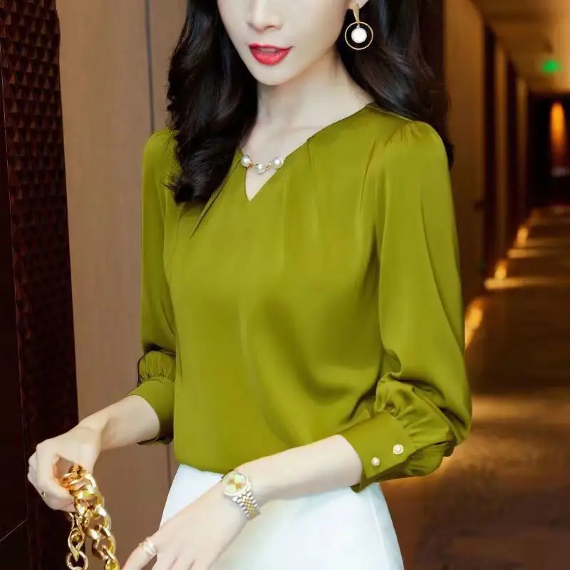 Spring Autumn Women's Clothing Embroidered Flares Pullover Blouses Fashion V-Neck Solid Color Long Sleeve Chiffon Shirts