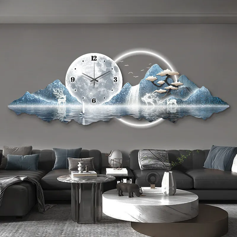 #￥Luxury LED Backlit Wall Decor Panel Horizontal Blue Mountain Deer Wall Hanging Ornament for Living Room Background Wall Decor