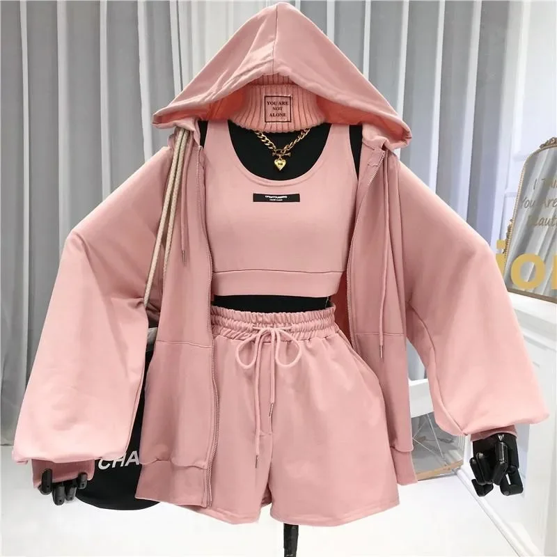 Y2k New Three-piece Casual White Vest Drawstring Running Shorts Loose Breathable Cardigan Zipper Hooded Sweatshirt Women's Set