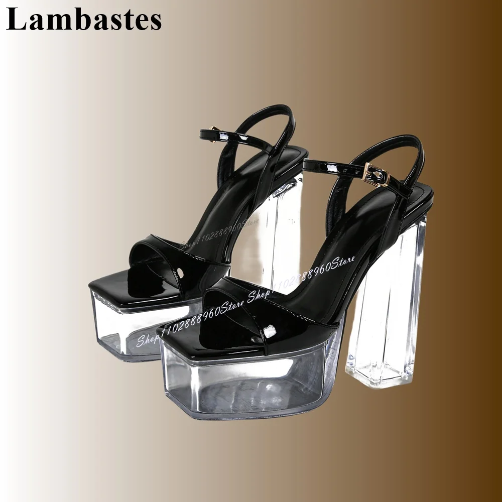 

Black Patent Leather Clear Platform Sandals Transparent Heel Women Shoes Ankle Buckle Strap Open Toe 2024 Zapatos Para Mujere