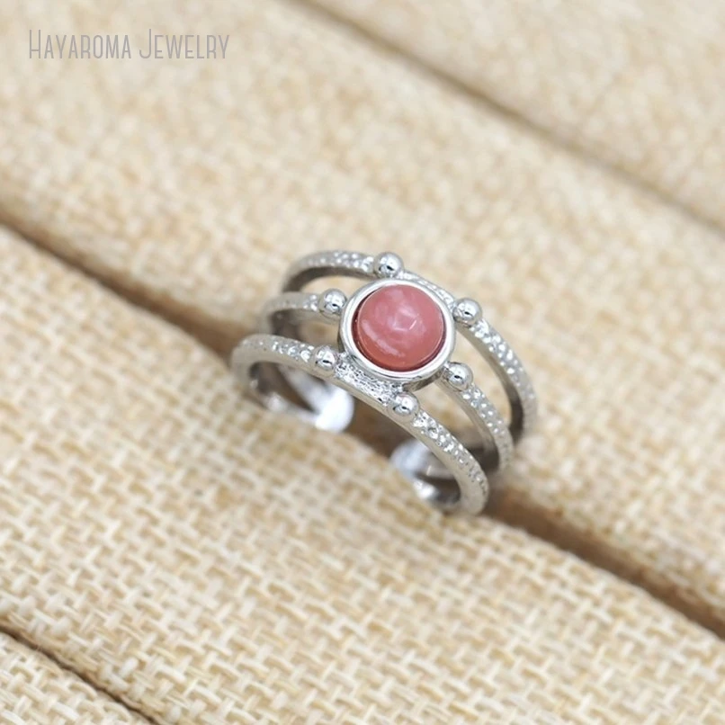 10Pcs Wholesale Semi-precious Stone Rhodonite Silver Color Round Coin Shape Circle Ring RM51216