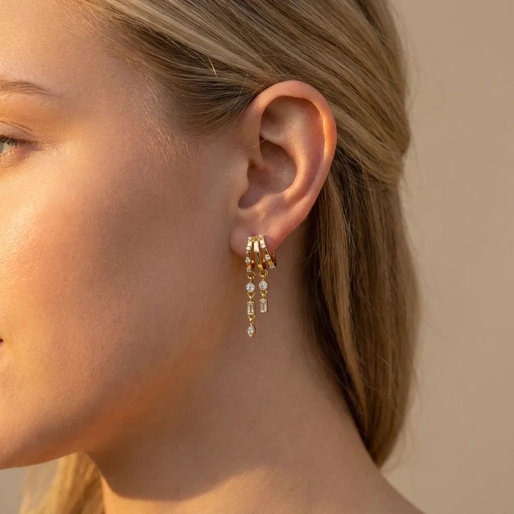Minimalistische himmlische Stern-Mond-Tropfenohrringe für Frauen, romantischer Zirkonia, zierliche goldfarbene Knorpel-Creolen, Zubehör im Großhandel