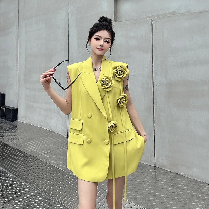 Chic Women 3D Flowers Decor Ribbons Suits Vest Jacket Floral Tassels Sleeveless Blazer Coat Turn Down Collar Tank Cardigan Tops