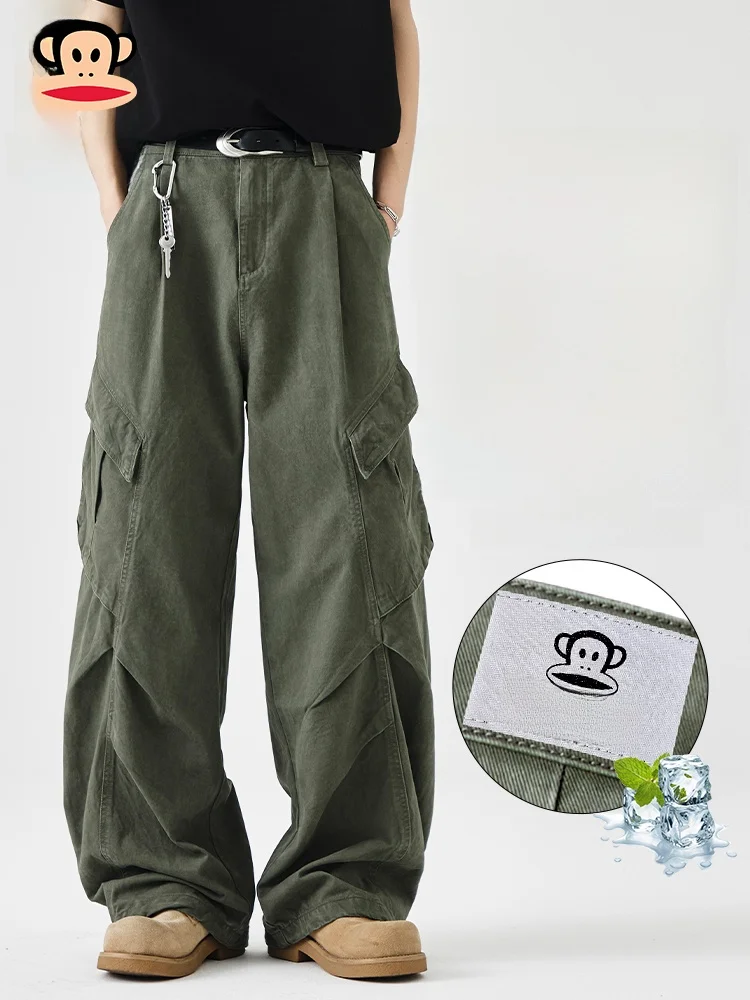 

PaulFrank American Retro Workwear Casual Pants Men Summer Loose Straight Leg Wide Leg Pleated Long Trousers Breathable Thin