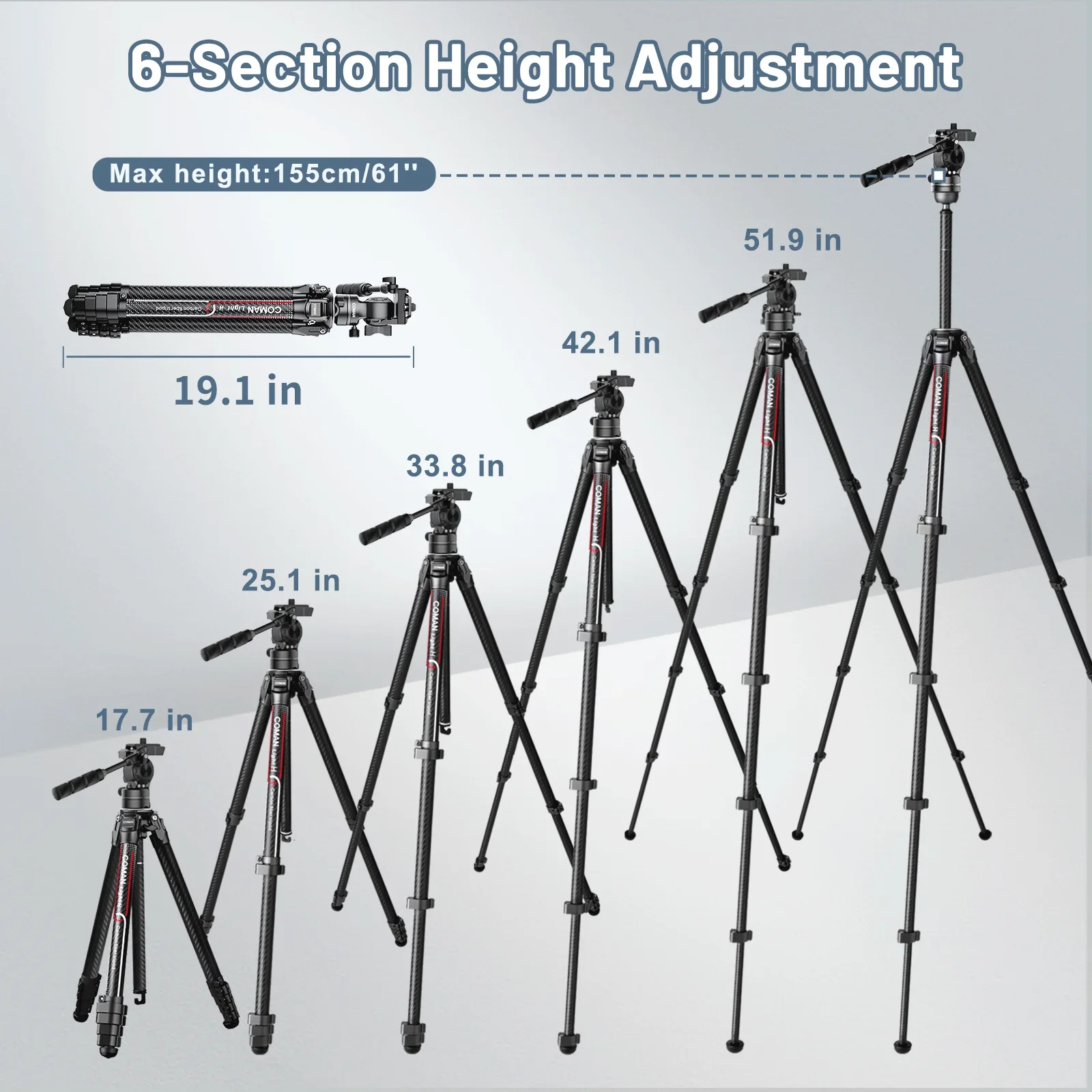 Coman Light H 1.16kg Lightweight Camera Tripod Travel Photography Carbon Fiber Tripod 1.58m