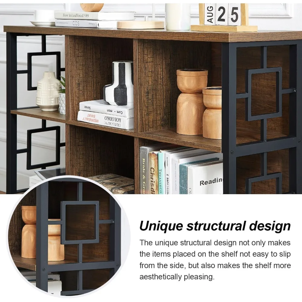Rustic 6-Cube Storage Shelf with Metal Frame and 3 Bin Organizers