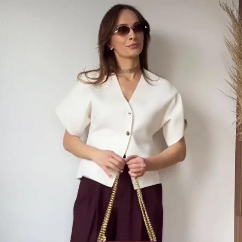 HXAO Strickjacke für Damen, Sommer 2022, Damenpullover, Weiß, Gelb, Schwarz, Strickjacke, schicker Knopf, kurze Ärmel, Strickwaren, Oberbekleidung