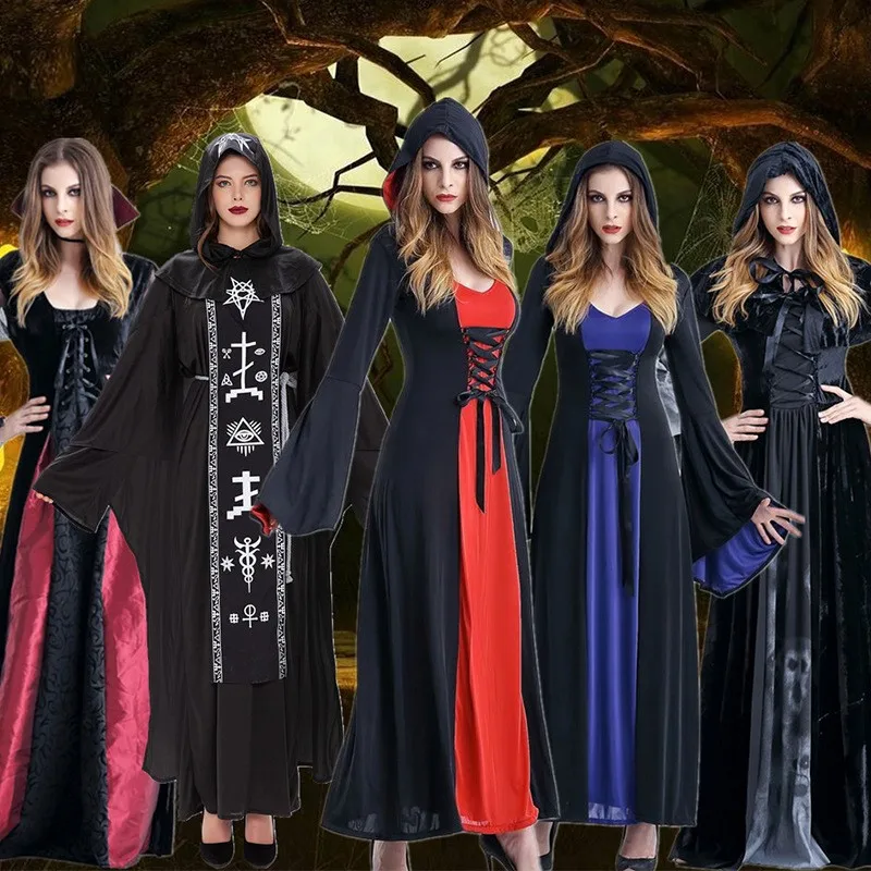 

Halloween Medieval Court Costume Role-playing Hooded Witch Death God Devil Clothes Women's Ethnic Stage Costume