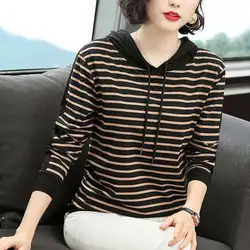 2024 New Autumn Fashion Cotton T-shirt Women's Loose Striped Hooded Women's Long Sleeve T-shirt Base Shirt Top