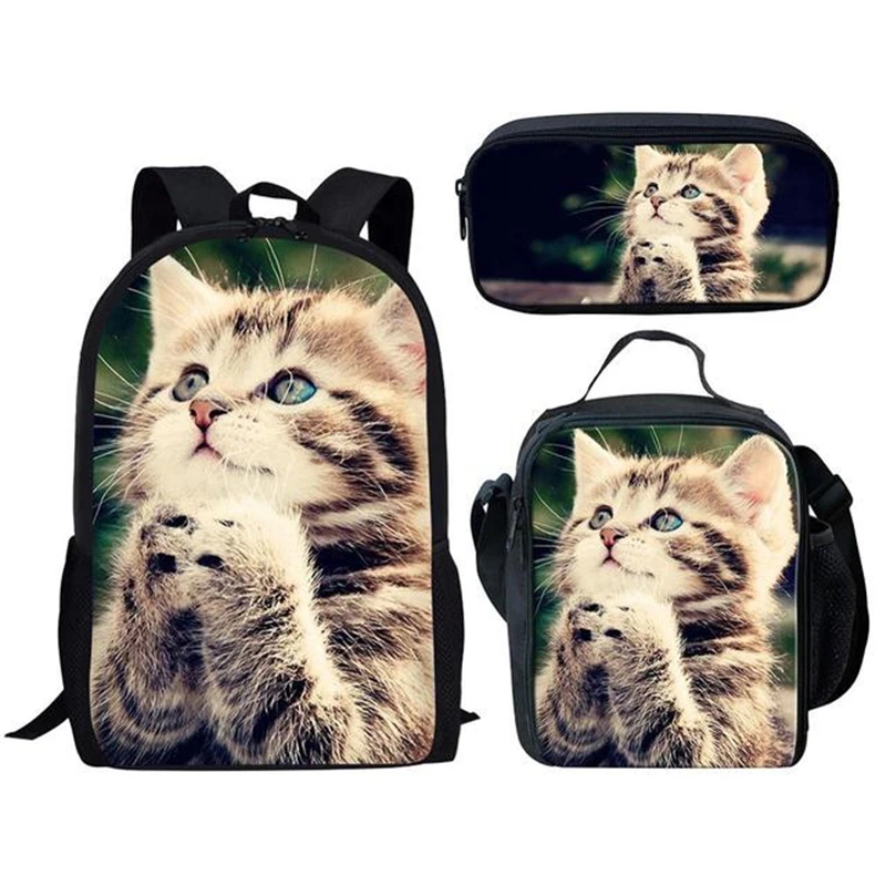 Tas punggung motif kucing lucu, tas sekolah motif 3D, tas buku pelajar remaja, tas makan siang hari Laptop hewan lucu, tempat pensil