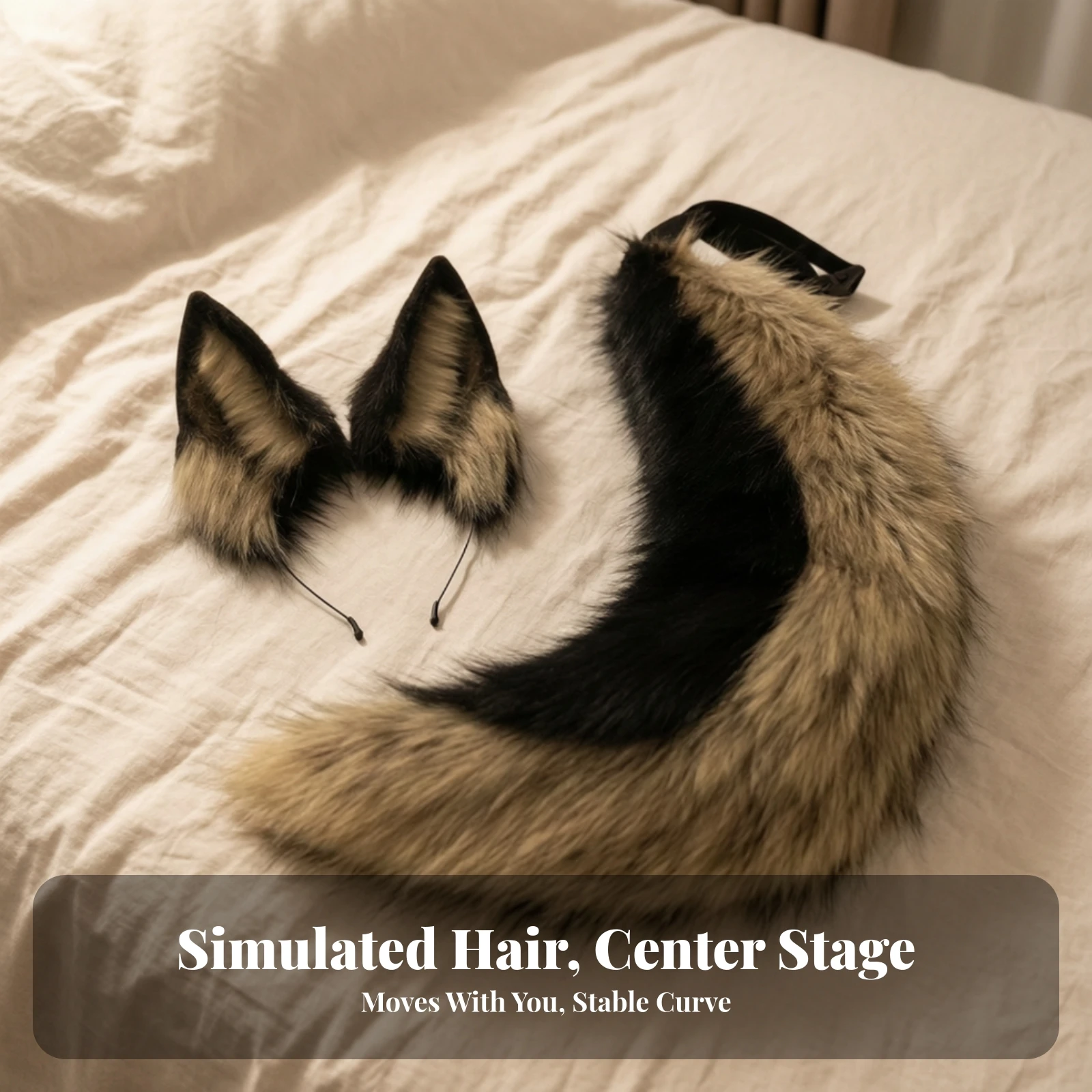 Wolf Ears and Tail Set Fluffy Faux Faux Pelage Ears with Headband Cosplay Tail with Adjustable Strap Two-toneColor Costume High